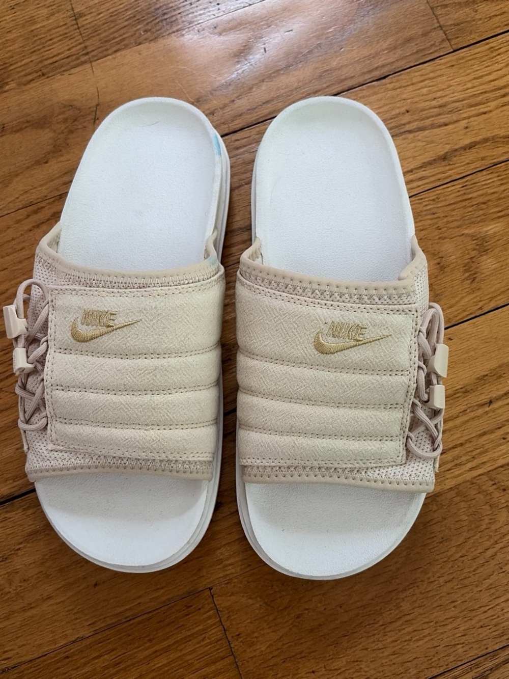 Nike Cream Quilted Slide Sandals with Gold Logo